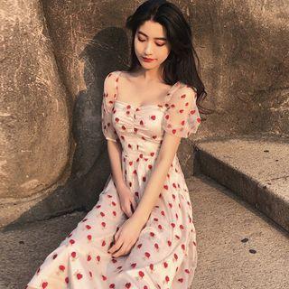 Short-sleeve Strawberry Embroidered Midi Mesh Dress
