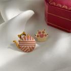 Non-matching Cat Stud Earring 1 Pair - 925 Silver Needle Earrings - Yellow & Beige & Pink - One Size