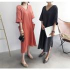 V-neck 3/4-sleeve Dual-pocket Long Dress
