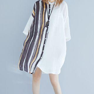 Striped Panel Elbow-sleeve Shirt Dress As Shown In Figure - 2xl
