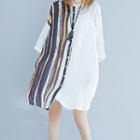 Striped Panel Elbow-sleeve Shirt Dress As Shown In Figure - 2xl