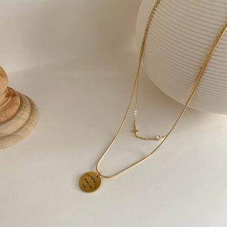 Lettering Disc Cross Layered Necklace As Shown In Figure - One Size