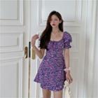 Short-sleeve Floral Print Mini A-line Dress Floral - Purple - One Size
