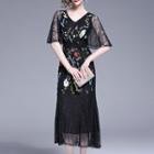 Elbow-sleeve Embroidered Midi Lace Dress