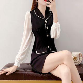 Puff-sleeve Paneled Contrast Trim A-line Dress