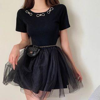 Short-sleeve Bow-accent Mesh Mini A-line Dress