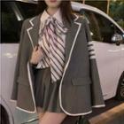 Striped Tie-neck Shirt / Mini Pleated Skirt