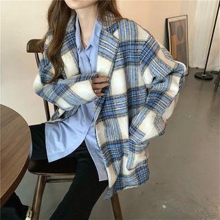 Plaid Loose-fit Coat Blue - One Size