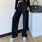 High-waist Plain Drawstring Straight-cut Sweatpants