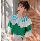 Eyelet Lace Panel Elbow-sleeve T-shirt Green - One Size