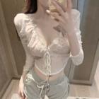 Long-sleeve Cutout Lace Crop Top White - One Size