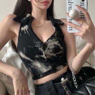 Halter-neck Tie-dyed Collared Top Black - One Size