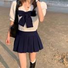 Bow Detail Short-sleeve Top / Pleated Mini Skirt