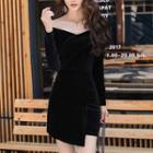 Off-shoulder Long-sleeve Velvet Sheath Dress