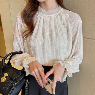 Long-sleeve Frill Trim Lace Chiffon Blouse