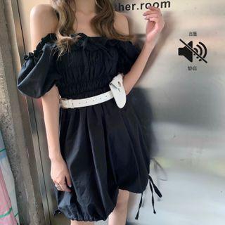 Off-shoulder Ruched Puff-sleeve Lace-up Dress