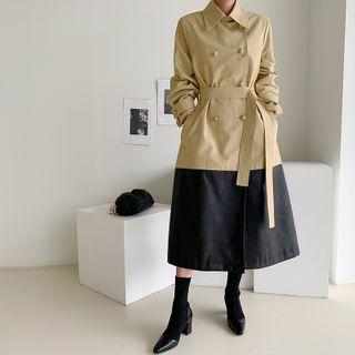 Double-button Two-tone Coat Beige - One Size