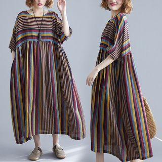 Striped Elbow-sleeve Midi A-line Dress Coffee - One Size