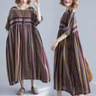 Striped Elbow-sleeve Midi A-line Dress Coffee - One Size