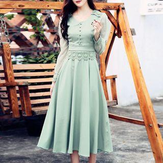Crochet Trim Long Sleeve A-line Midi Dress