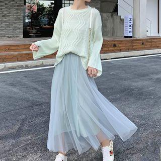 Plain Sweater / Glitter Midi A-line Mesh Skirt / Set