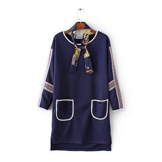 Striped Trim Long Sleeve Dress With Neckerchief