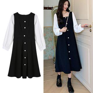 Long-sleeve Paneled Square-neck Midi A-line Dress