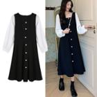 Long-sleeve Paneled Square-neck Midi A-line Dress