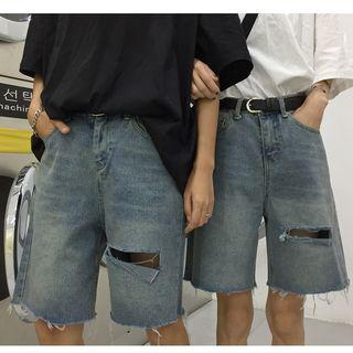 Couple Matching Ripped Washed Denim Shorts