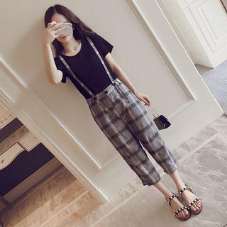 Nursery Set: Zip T-shirt + Cropped Plaid Suspender Pants