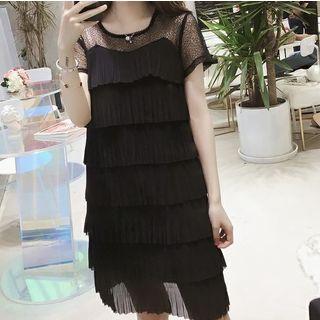 Short-sleeve Lace Paneled Mini Tiered Dress