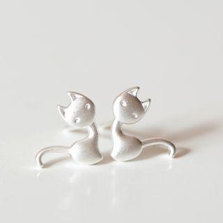 925 Sterling Silver Cat Earring 1 Pair - Silver - One Size