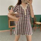 Patterned Short-sleeve Knitted A-line Dress Patterned - White - One Size