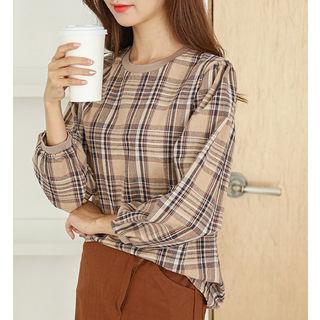 Crew-neck Bishop-sleeve Plaid Blouse