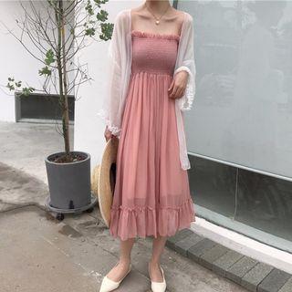Spaghetti Strap Smocked Midi A-line Dress / Open Front Jacket