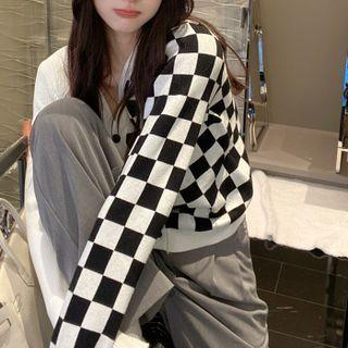 Check Panel V-neck Knit Cardigan