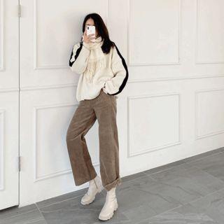 Drop-shoulder Pipe-trim Knit Top Ivory - One Size