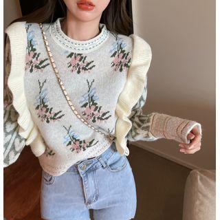 Long-sleeve Frill Trim Jacquard Knit Top Light Gray & White - One Size