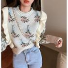 Long-sleeve Frill Trim Jacquard Knit Top Light Gray & White - One Size