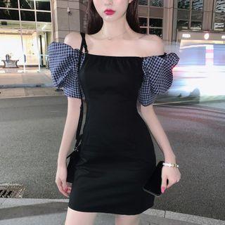 Balloon-sleeve Plaid Panel Sheath Dress