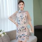 Traditional Chinese Elbow-sleeve Printed Paneled Mini Dress