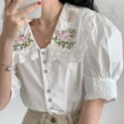 Short-sleeve Floral Embroidered Lace Trim Blouse