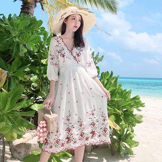 Floral Embroidered V-neck 3/4-sleeve A-line Midi Dress