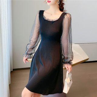 Square-neck Dotted Mesh Panel Plain Dress