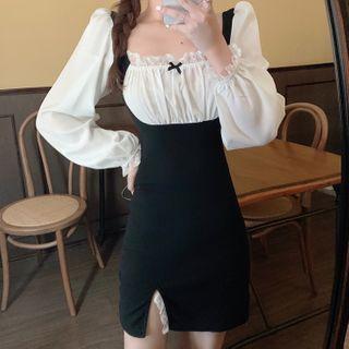 Mock Two-piece Color-block Dress As Shown In Figure - One Size
