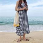 Sleeveless Gingham Long Dress Black - One Size