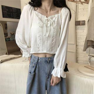 Long-sleeve Square-neck Lace-up Shirt