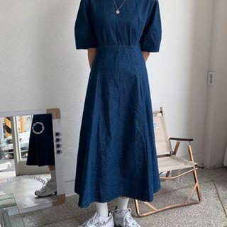 Zip-back Long Denim Godet Dress One Size