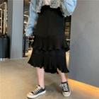 Plain High-waist Ruffled-trim Midi Skirt