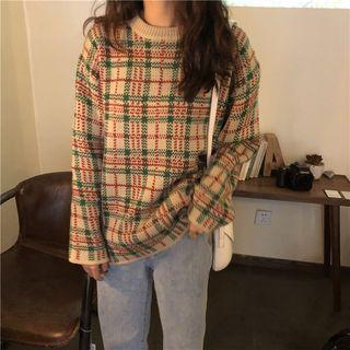 Long Sleeve Plaid Sweater As Shown In Figure - One Size